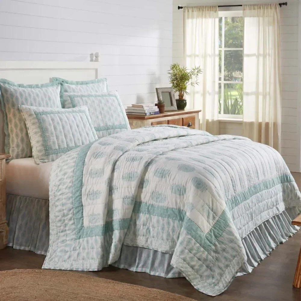 NEW! Cottage Farmhouse Mint Green Paisley 100% Cotton QUEEN Quilt Set Boho Sage
